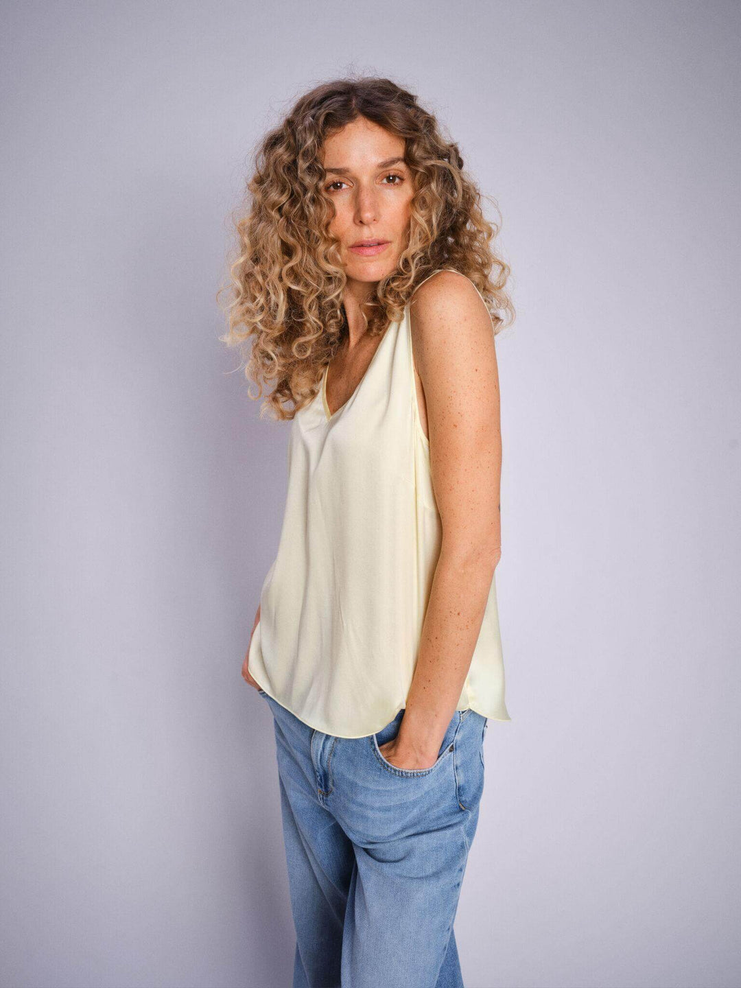 Astrid V Neck Silk Tank -French Vanilla