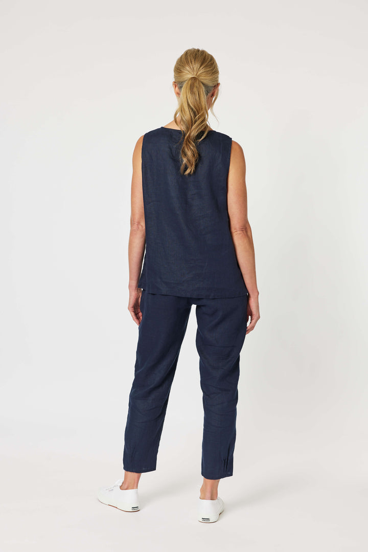 Sarah Ribbed Waist Linen Pant - Navy Size 18