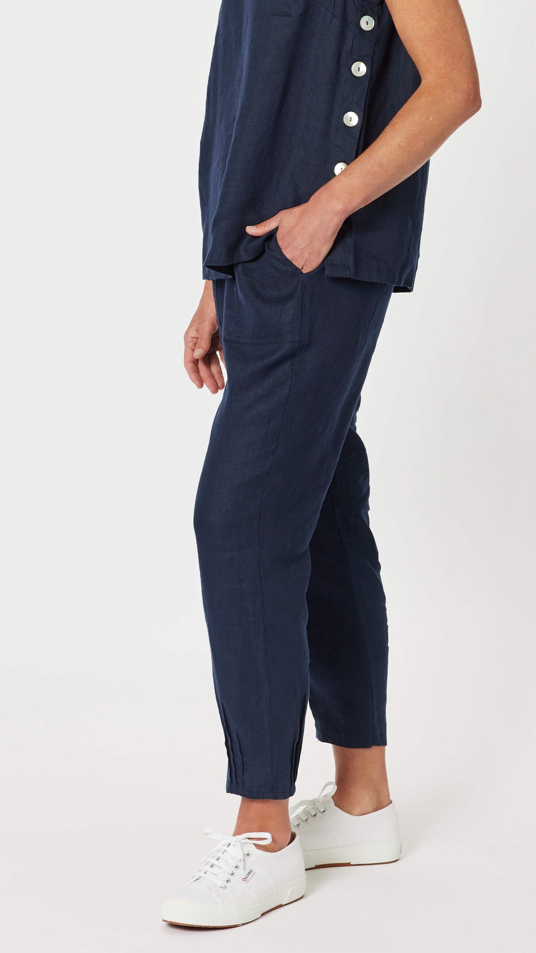 Sarah Ribbed Waist Linen Pant - Navy Size 18