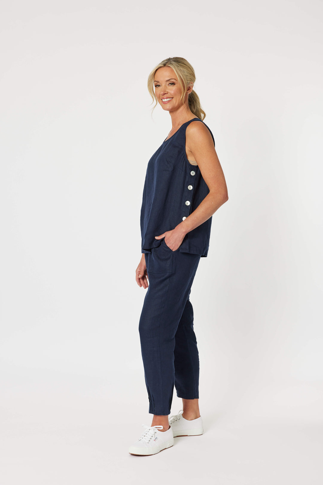 Sarah Ribbed Waist Linen Pant - Navy Size 18