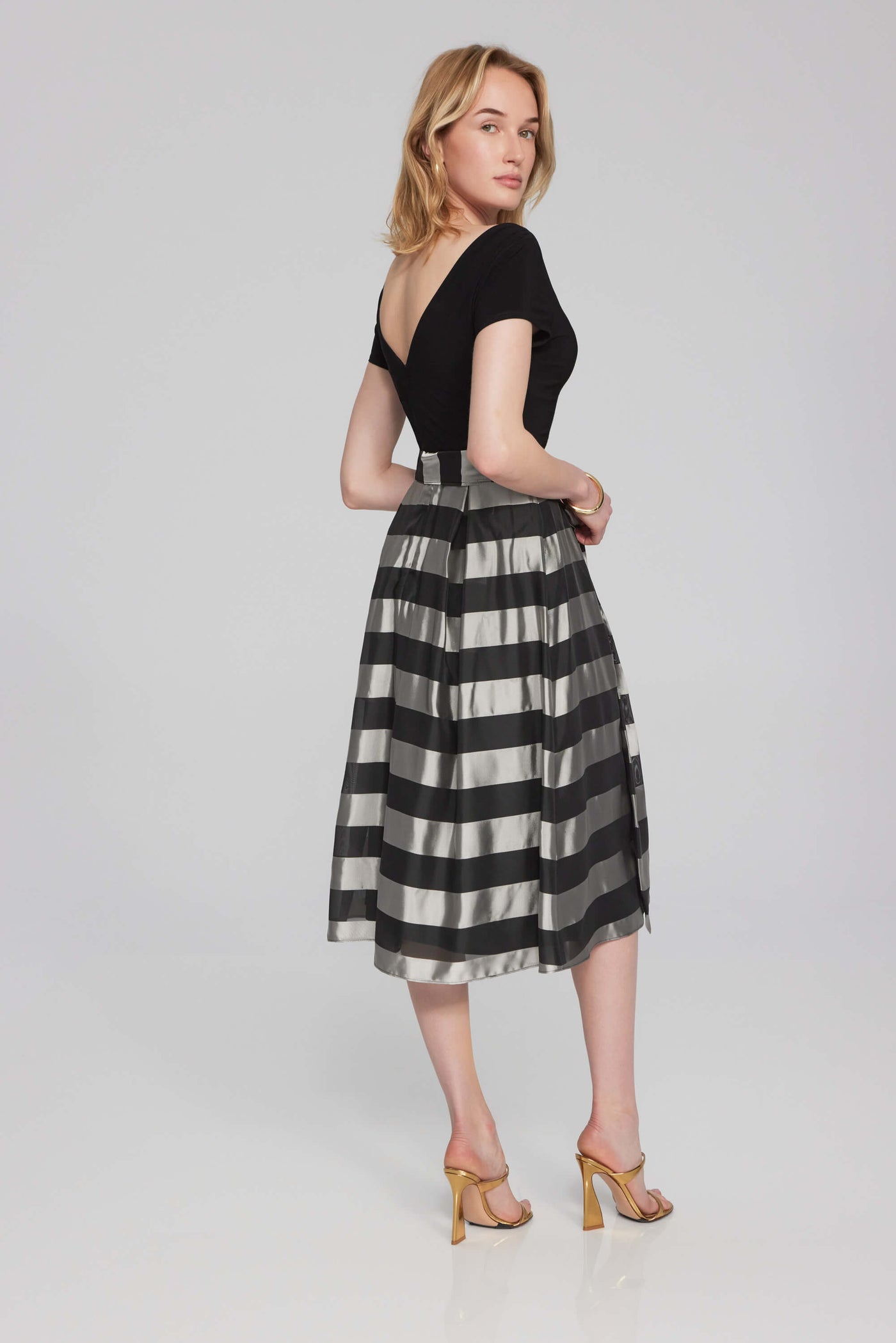 Striped Organza Knee Length Waisted Dress  241748