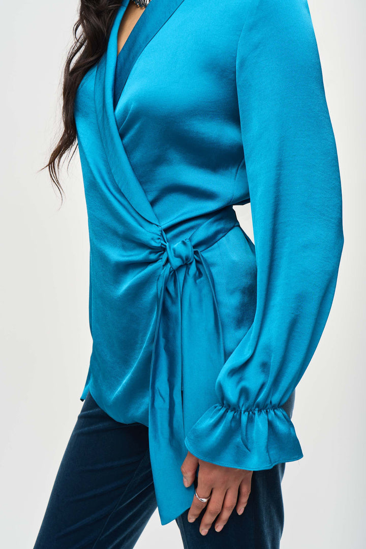 Mid Century Satin Wrap Blouse - Pacific Blue 243087 Size 18