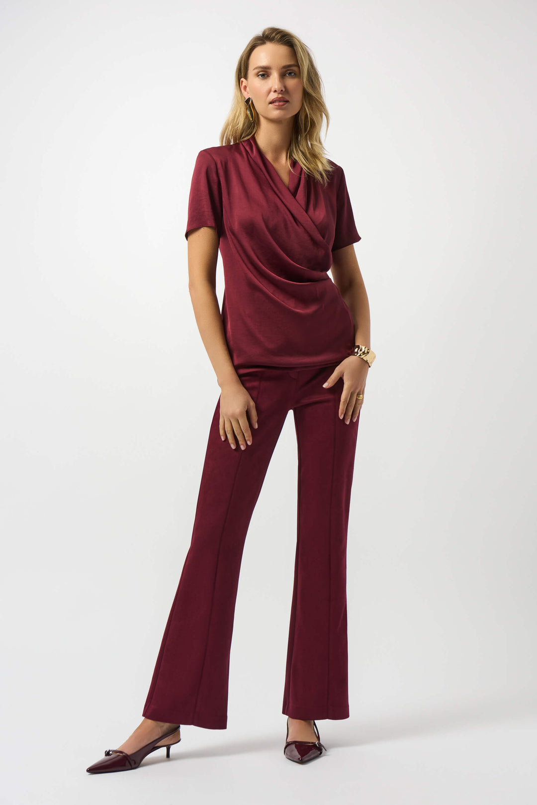 King's Road Recycled Satin And Silky Wrap Top -  Merlot/White 253237