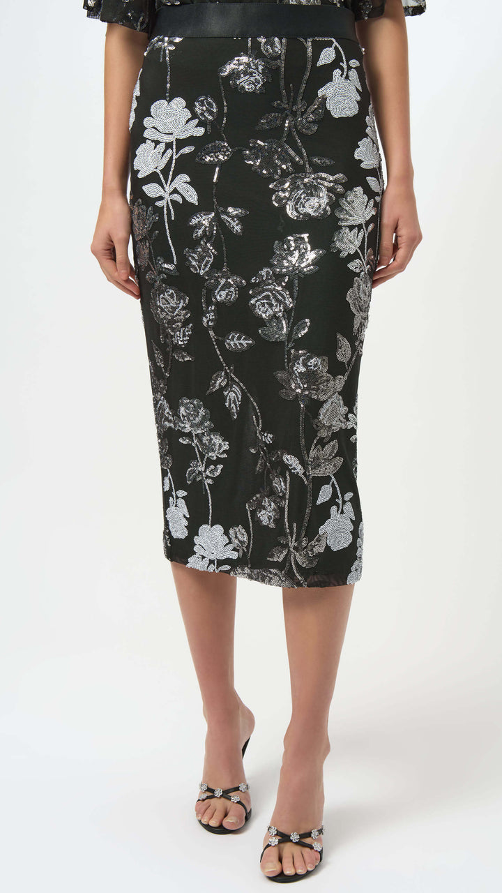 Sequin Embroidered Floral Print Pencil Skirt 254182