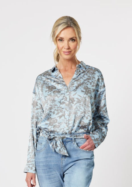 Susie Floral Print Shirt with Belt - Ice Blue Size 20