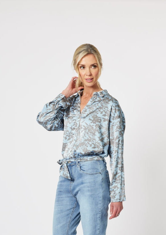 Susie Floral Print Shirt with Belt - Ice Blue Size 20