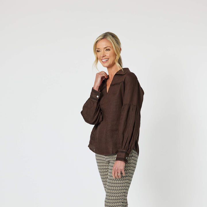 Eliza Linen Shirt - Chocolate Size 10
