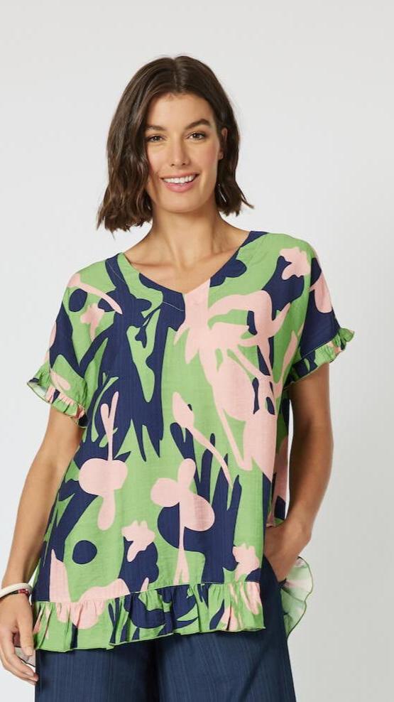 Como Ruffled Printed Top - Green Au12