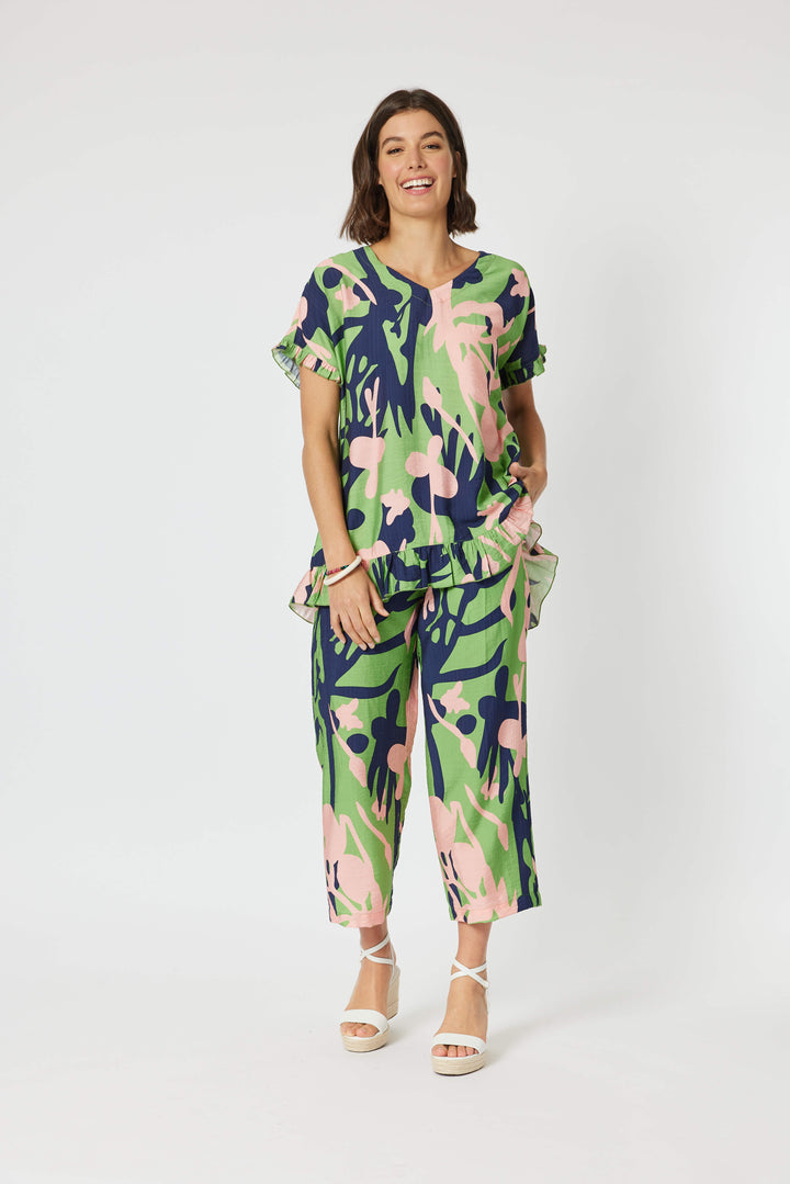 Como Ruffled Printed Top - Green Au12