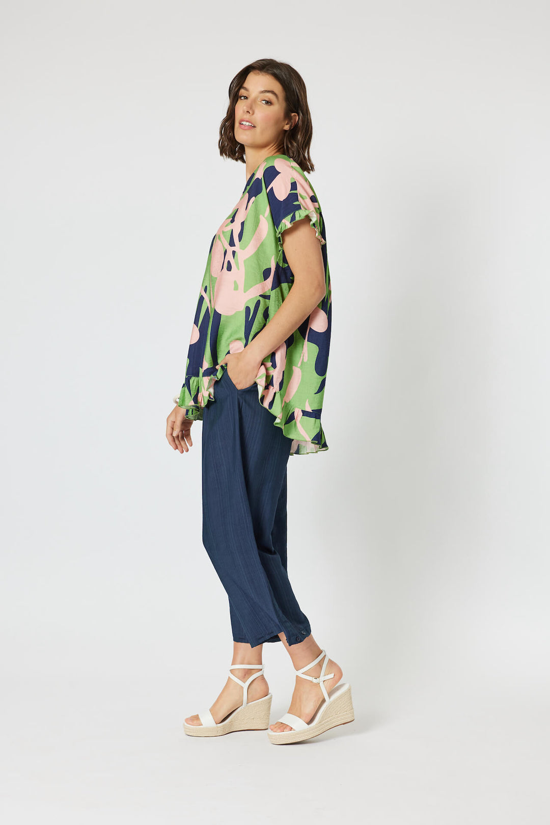 Como Ruffled Printed Top - Green Au12