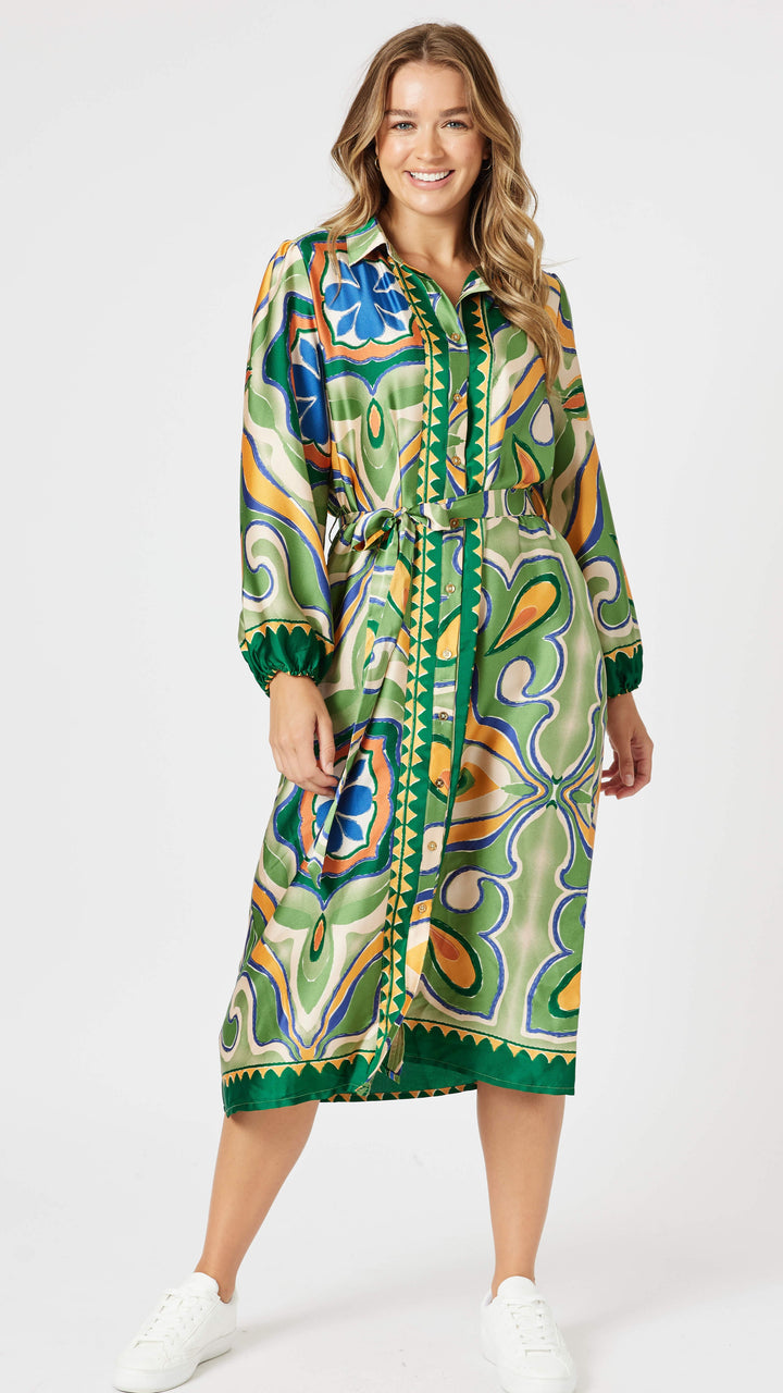 Brooklyn Print Button Dress - Khaki Multi