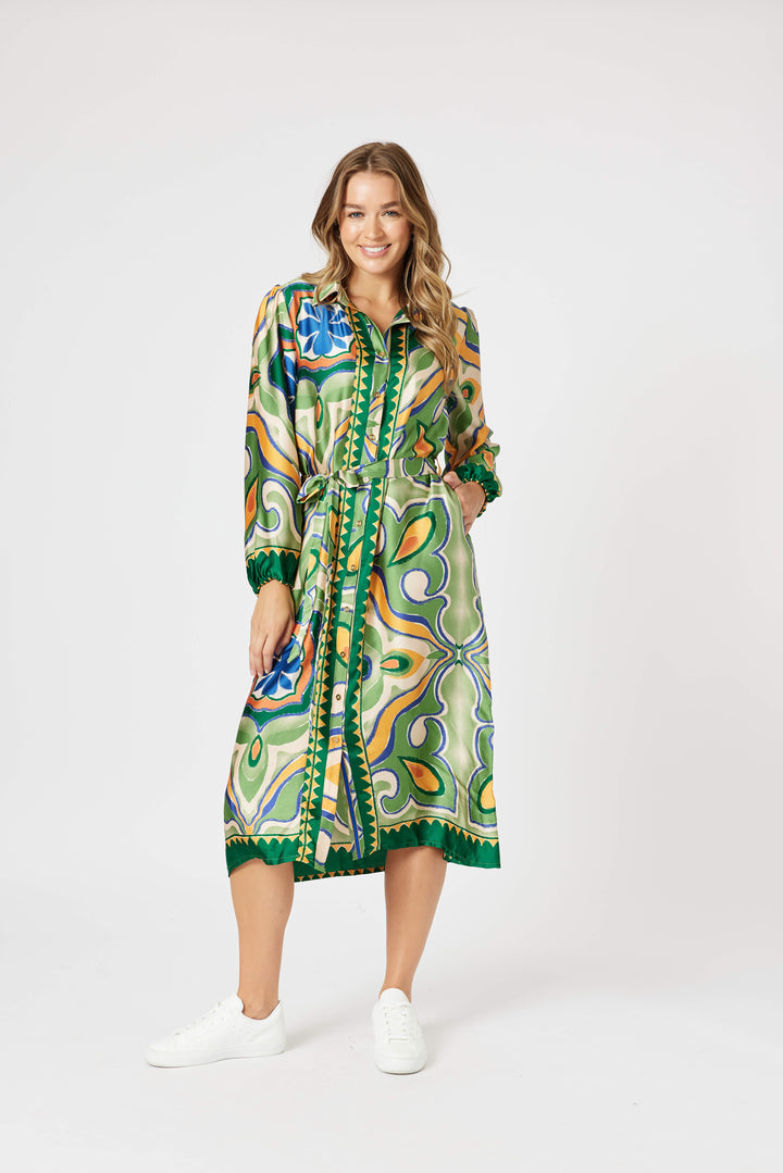 Brooklyn Print Button Dress - Khaki Multi