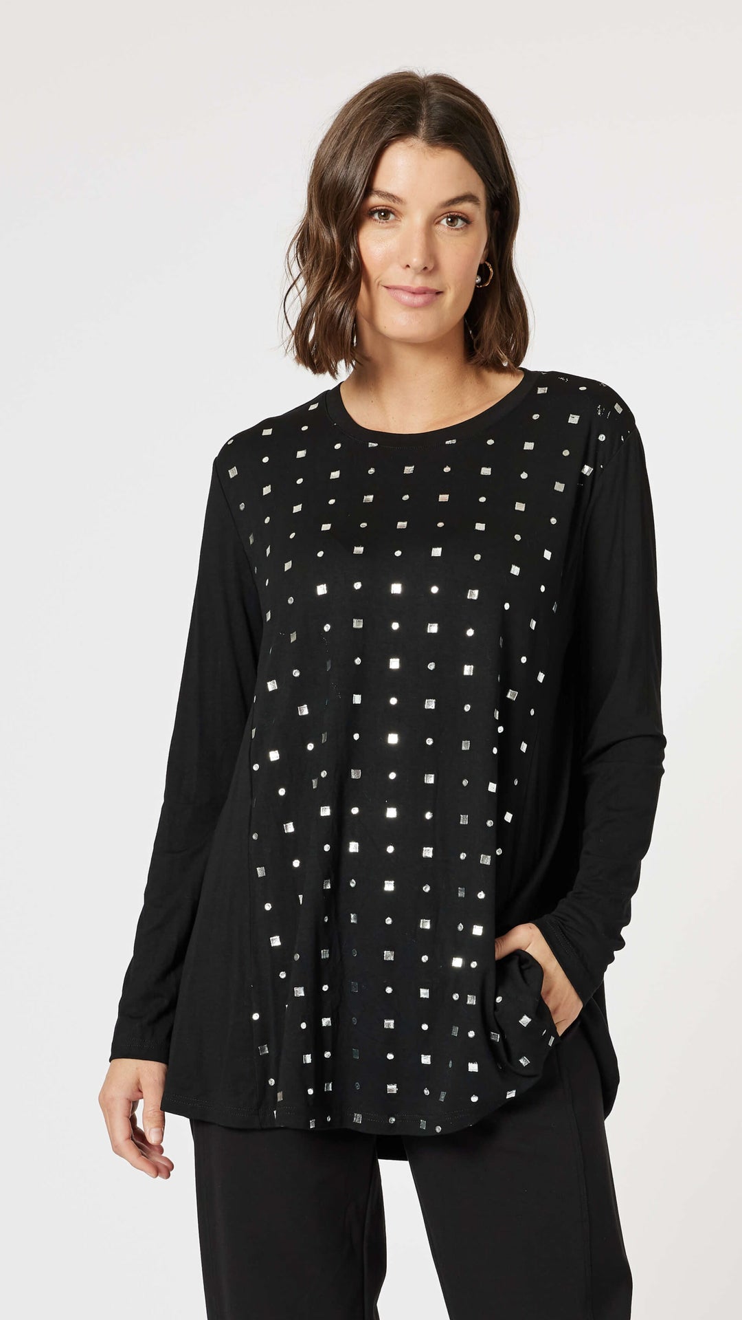 Metallic Print Long Sleeve Tee - Black/Silver