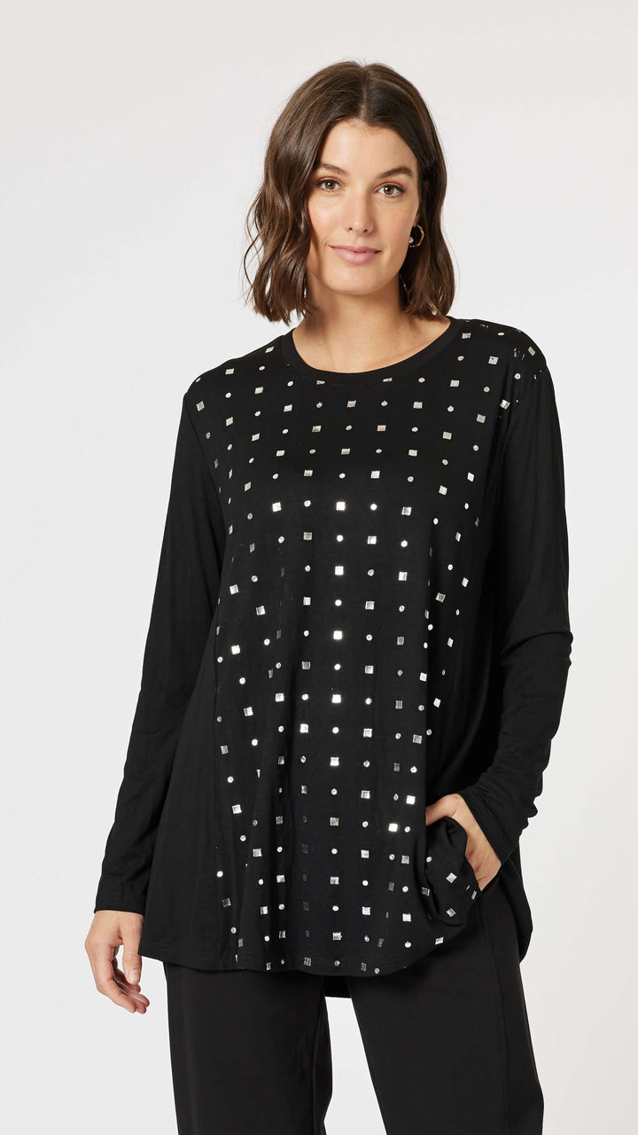 Metallic Print Long Sleeve Tee - Black/Silver