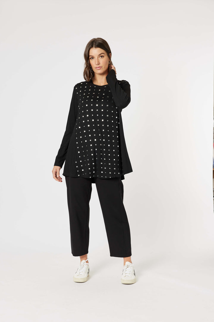 Metallic Print Long Sleeve Tee - Black/Silver