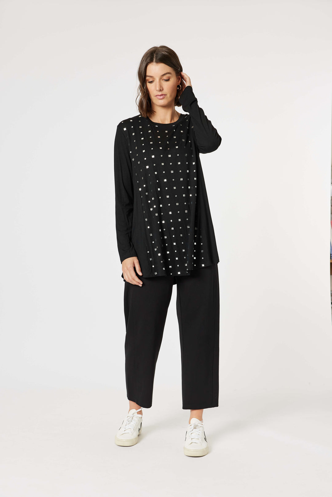 Metallic Print Long Sleeve Tee - Black/Silver