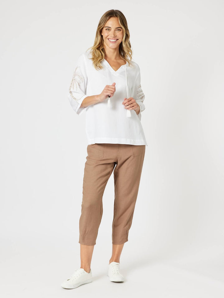 Palm Embroidery Lino Top - White/Natural