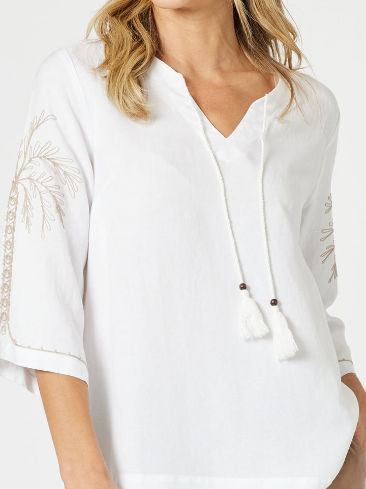 Palm Embroidery Lino Top - White/Natural