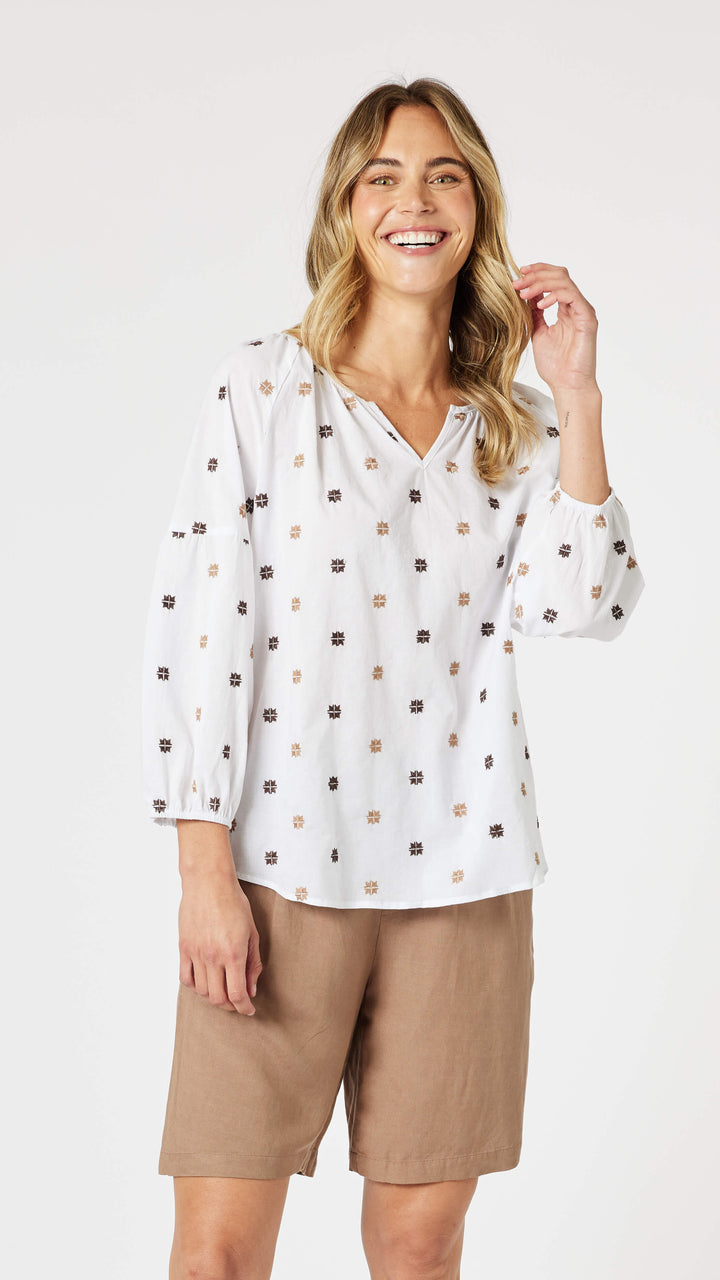 Rattan Embroidery Top - White/ Natural