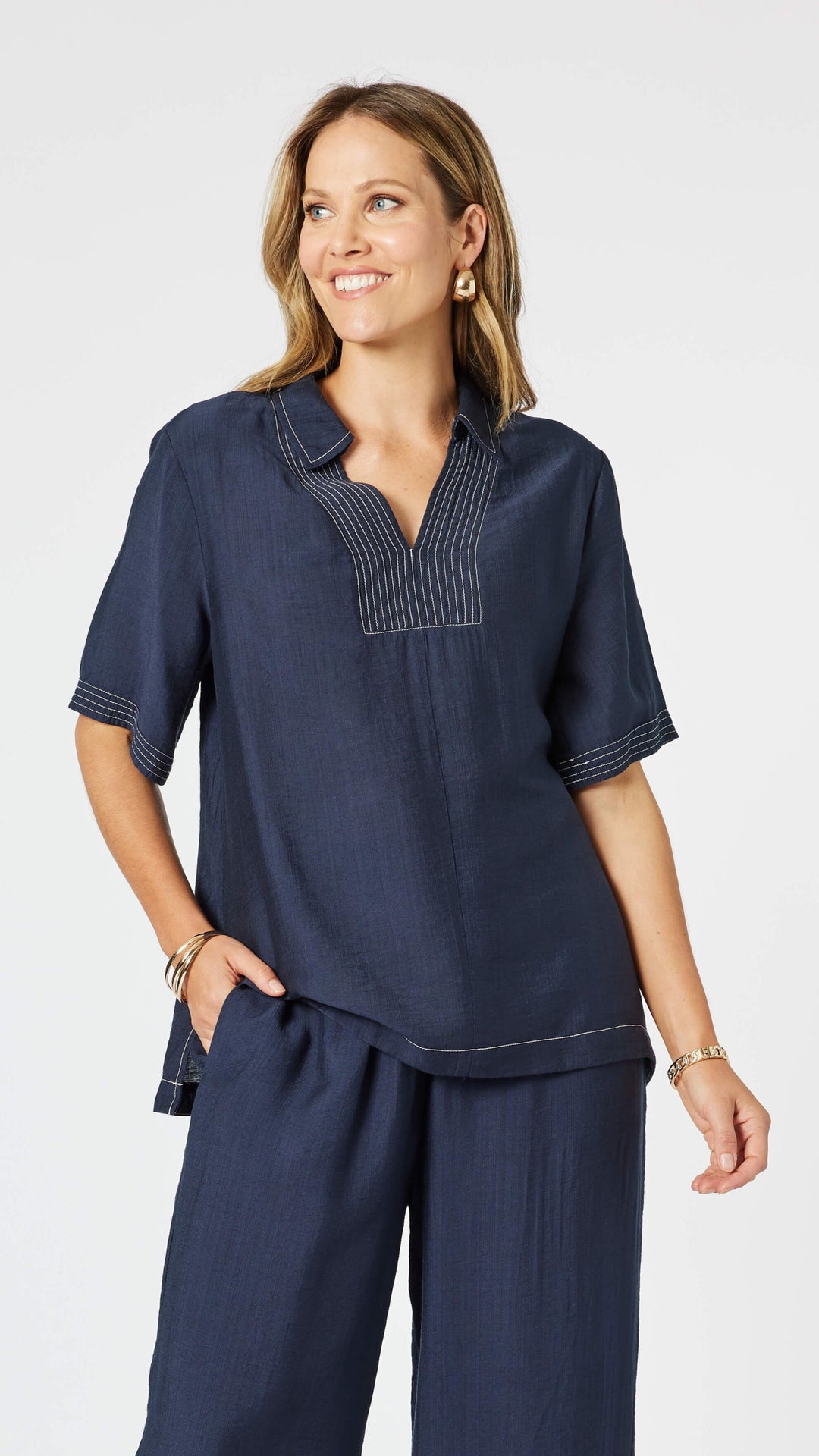 Top Stitch Detail Top - Navy