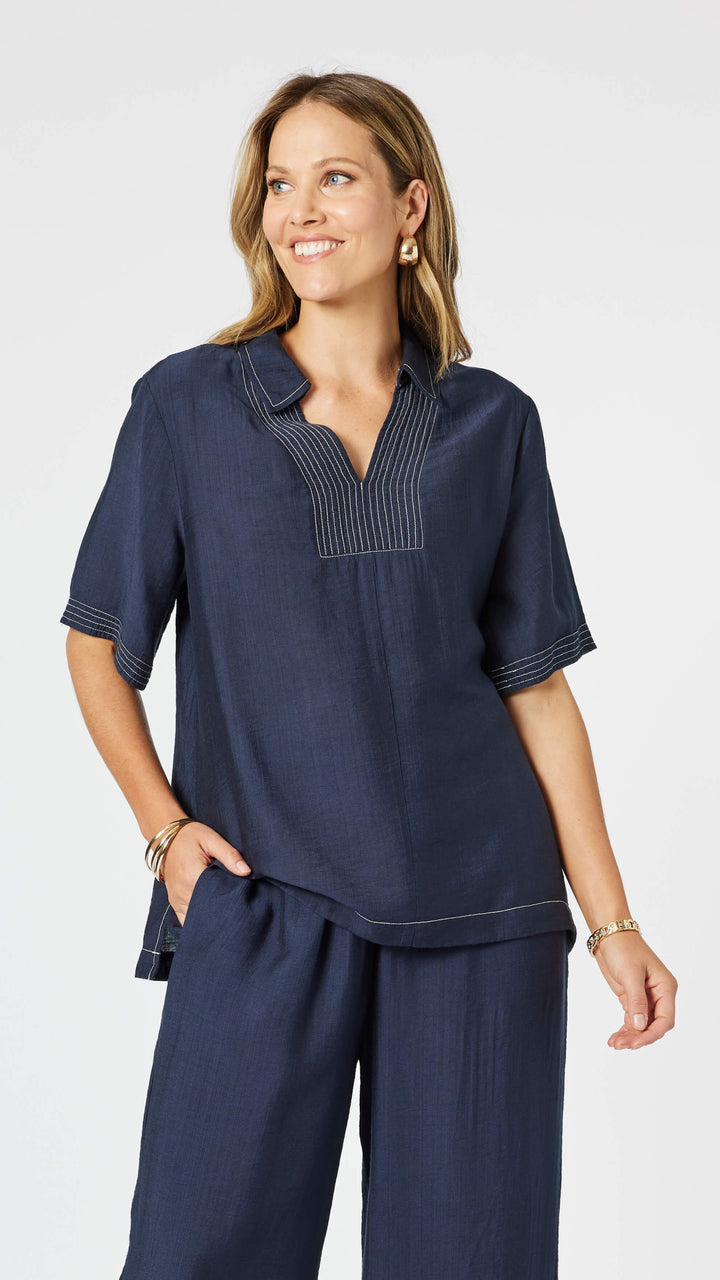 Top Stitch Detail Top - Navy