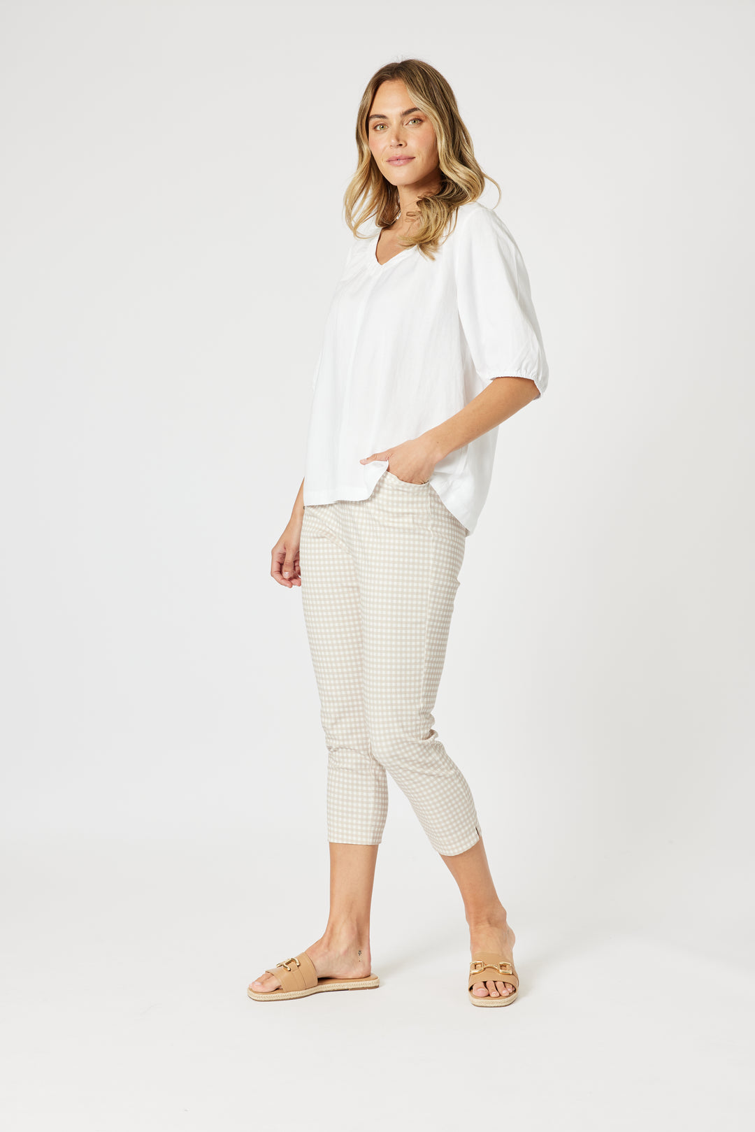 Alexis Gingham Print Pant - Natural
