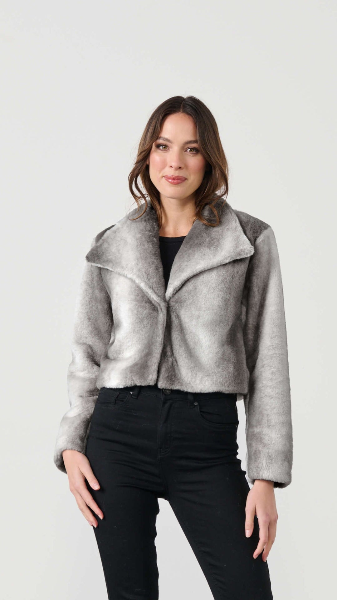 Crop Gradient Colour Faux Fur Jacket - Grey