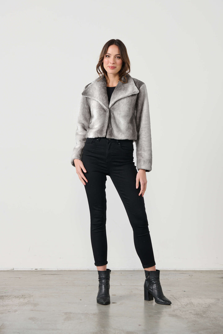 Crop Gradient Colour Faux Fur Jacket - Grey