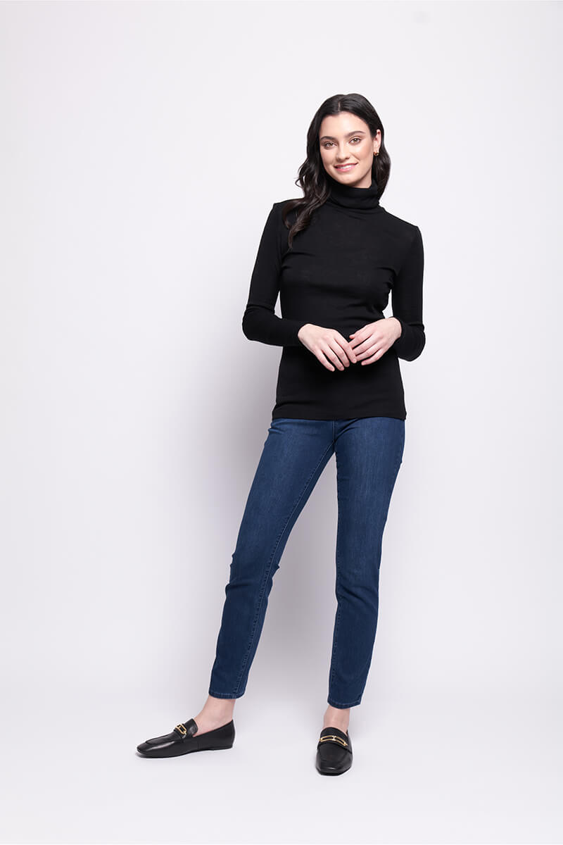 Fine Merino Polo Neck  Knitted Top - Black