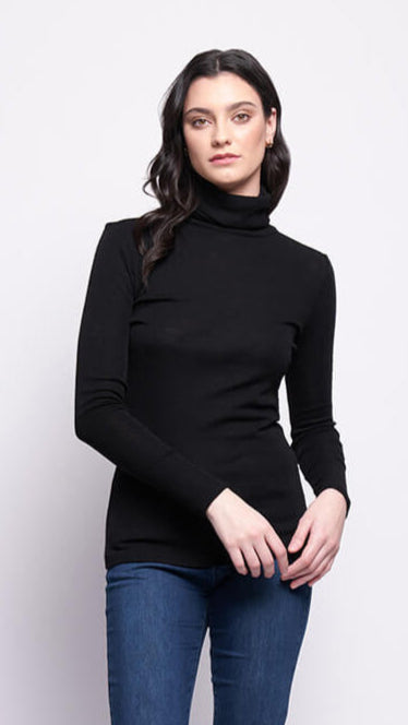 Fine Merino Polo Neck  Knitted Top - Black