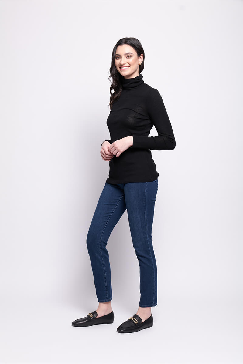 Fine Merino Polo Neck  Knitted Top - Black