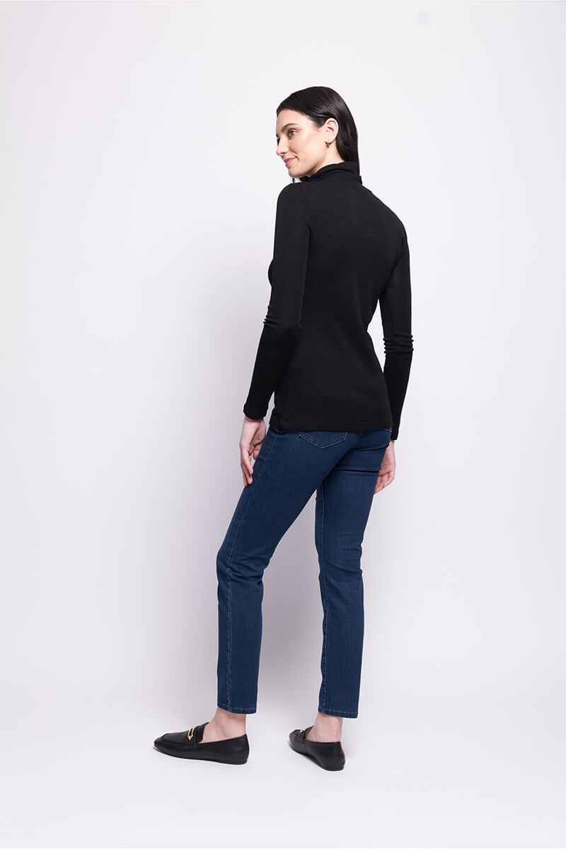 Fine Merino Polo Neck  Knitted Top - Black