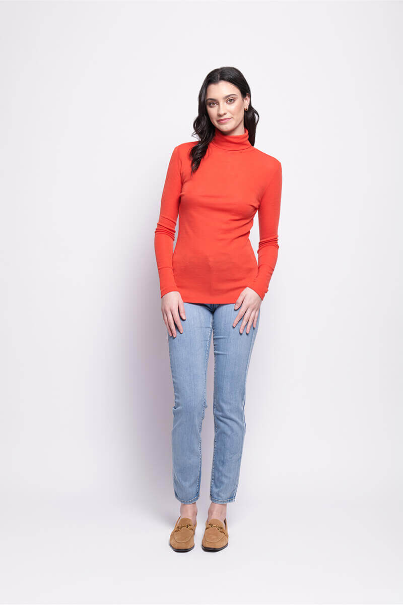 Fine Merino Polo Neck Knitted Top -Neon Flash Orange