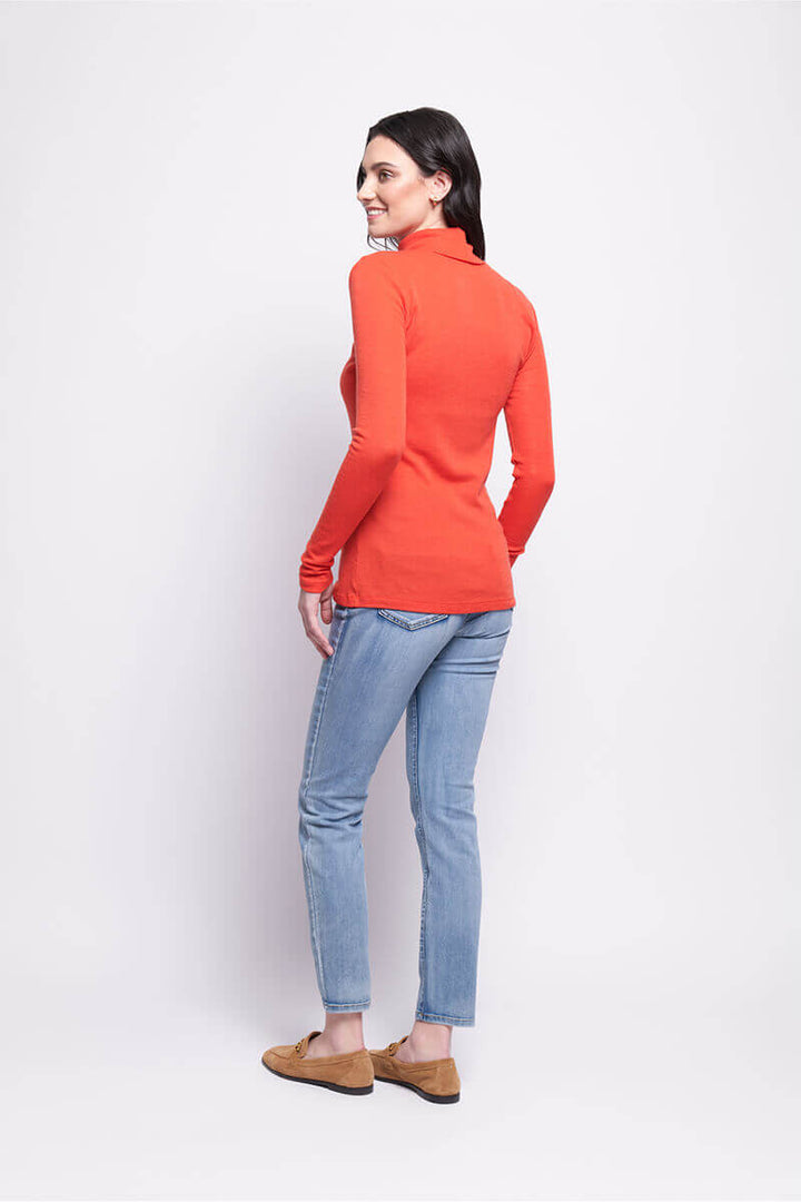 Fine Merino Polo Neck Knitted Top -Neon Flash Orange