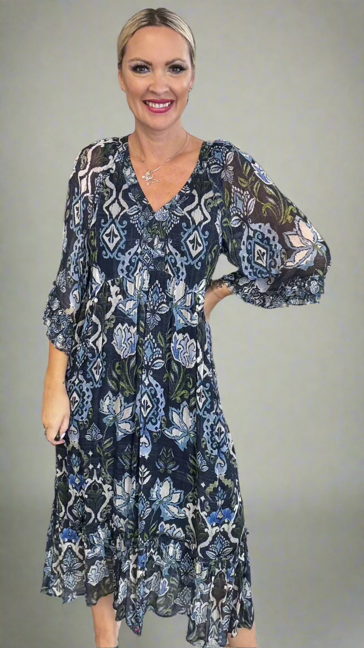 Lucca Midi Dress - Indigo Multi Size 18