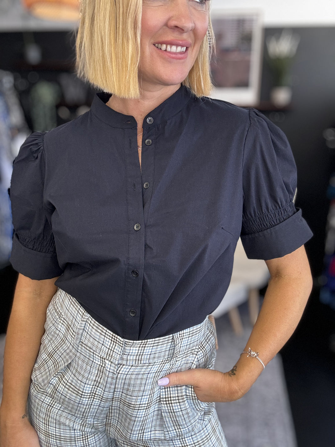 On The Button Trapeze Shirt - Navy/Orange