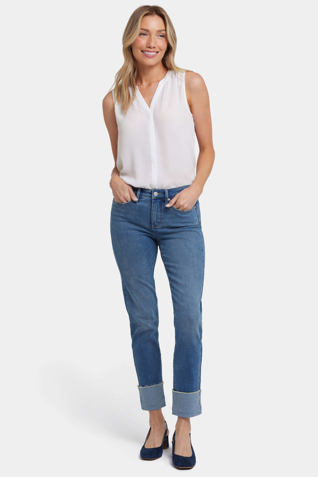 Sheri Slim Ankle Jeans With Striped Cuffs - Costa Brava