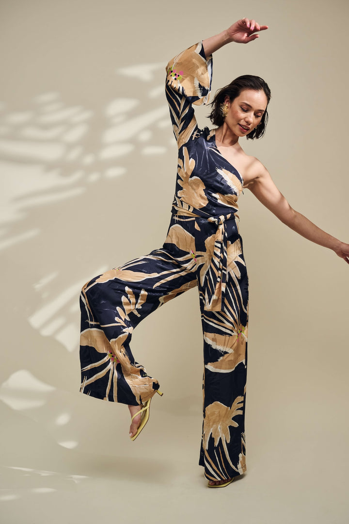 One Shoulder Artisan Jumpsuit - Sand/Navy