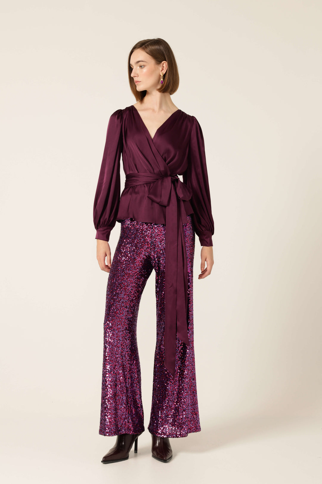 Satin Faux Wrap Blouse - Black Cherry
