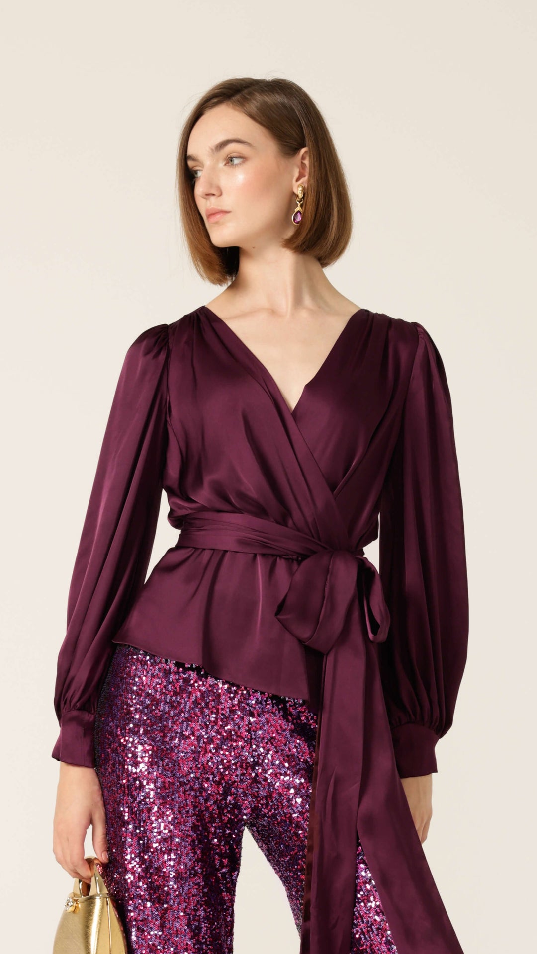 Satin Faux Wrap Blouse - Black Cherry