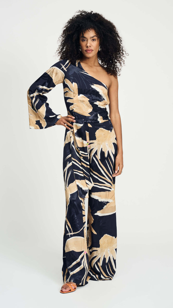 One Shoulder Artisan Jumpsuit - Sand/Navy