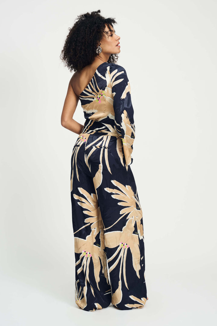 One Shoulder Artisan Jumpsuit - Sand/Navy