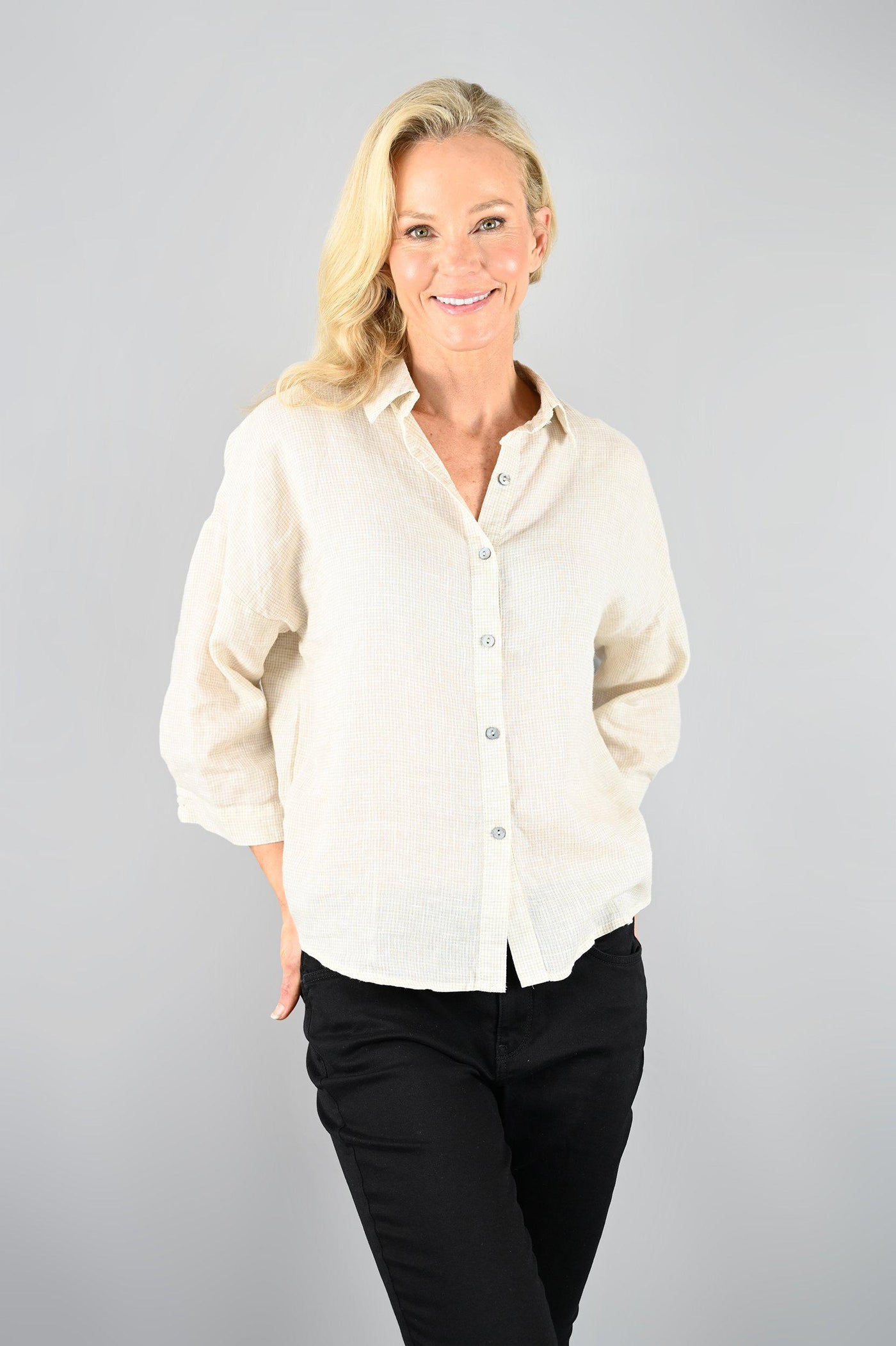Linen Check Top in Oatmeal/White