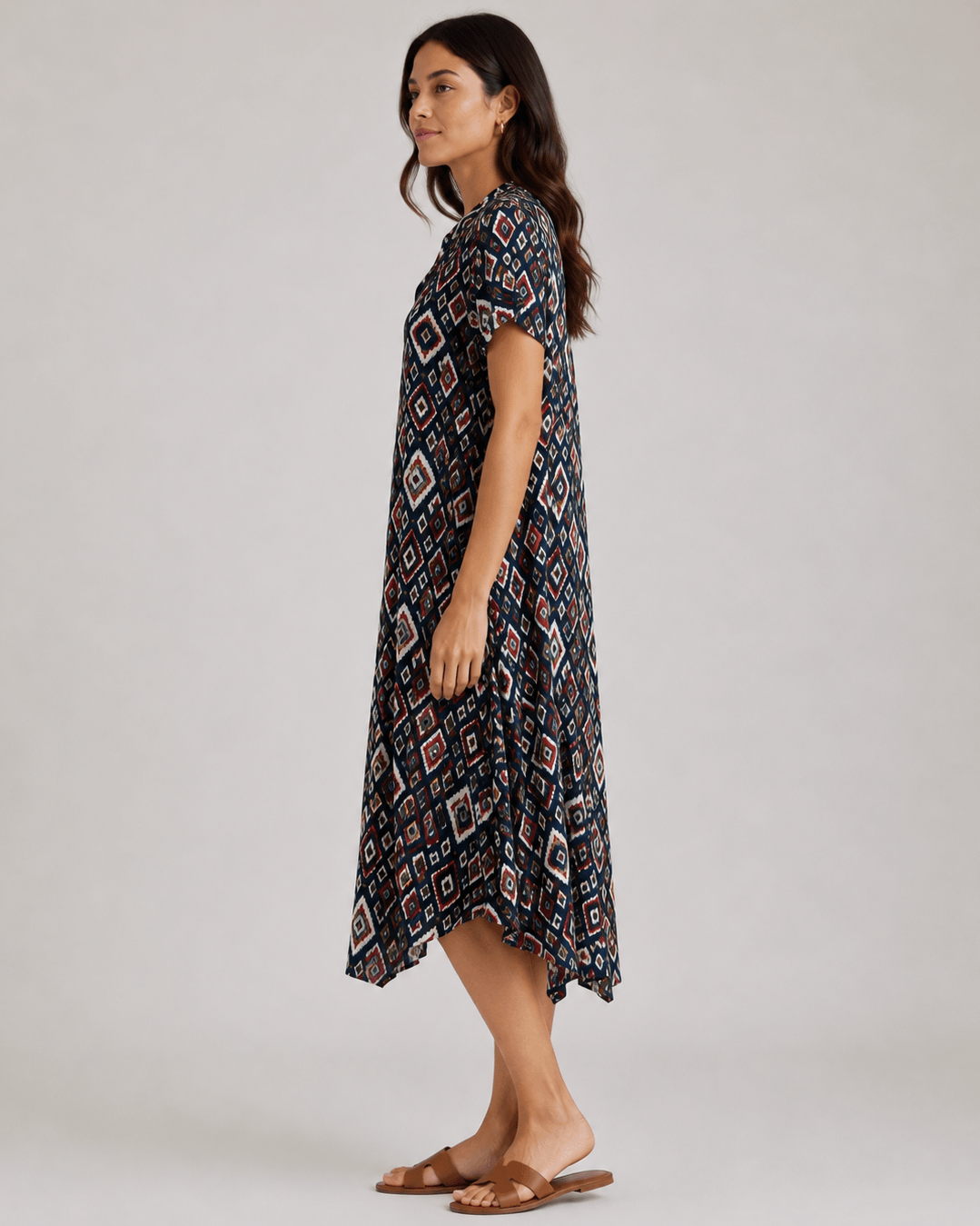 Geometric print midi dress, navy with teal and orange diamonds, V-neck, short sleeves
