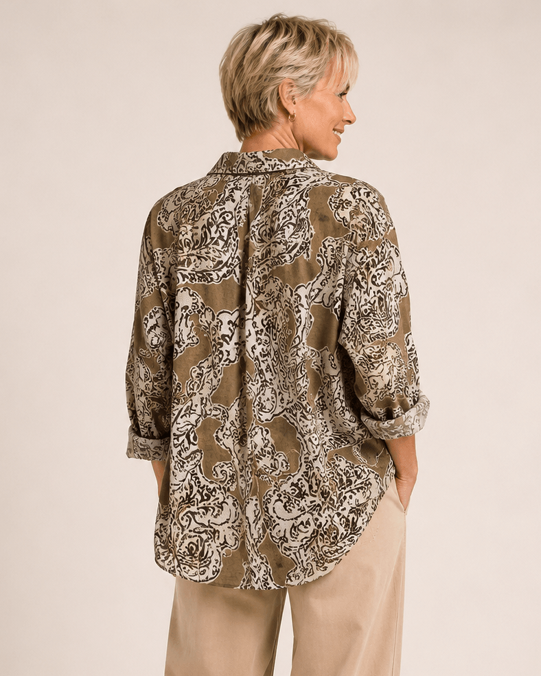 Paisley print button-up shirt, 3/4 sleeves, back view, dark and cream pattern