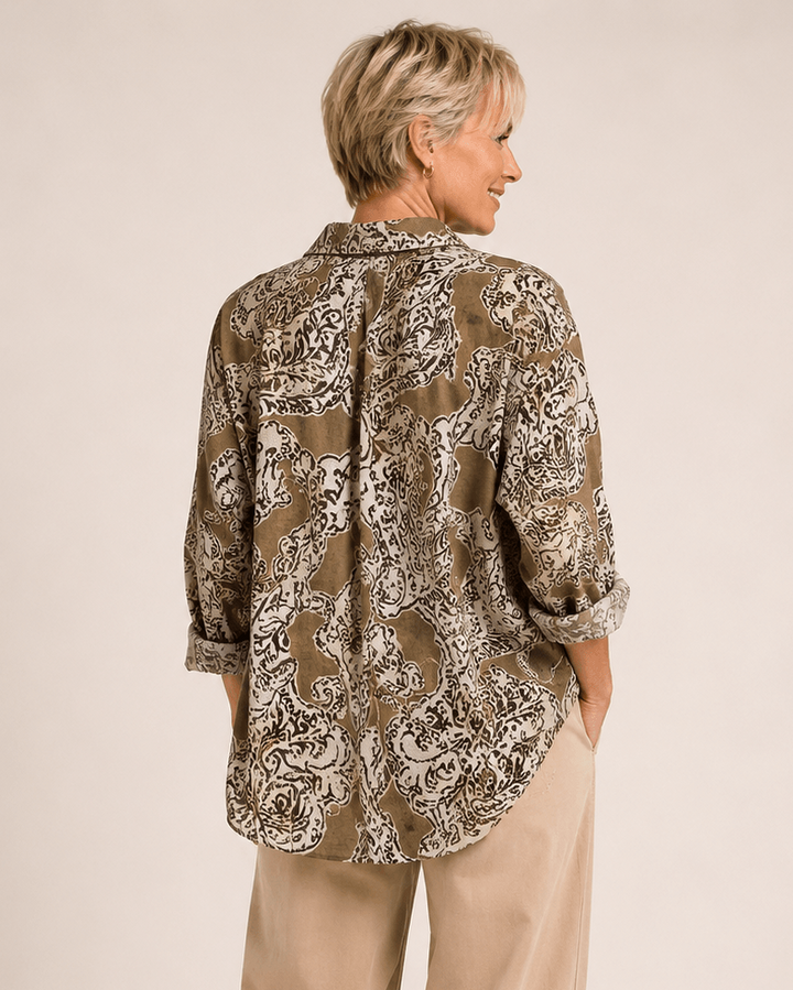 Paisley print button-up shirt, 3/4 sleeves, back view, dark and cream pattern