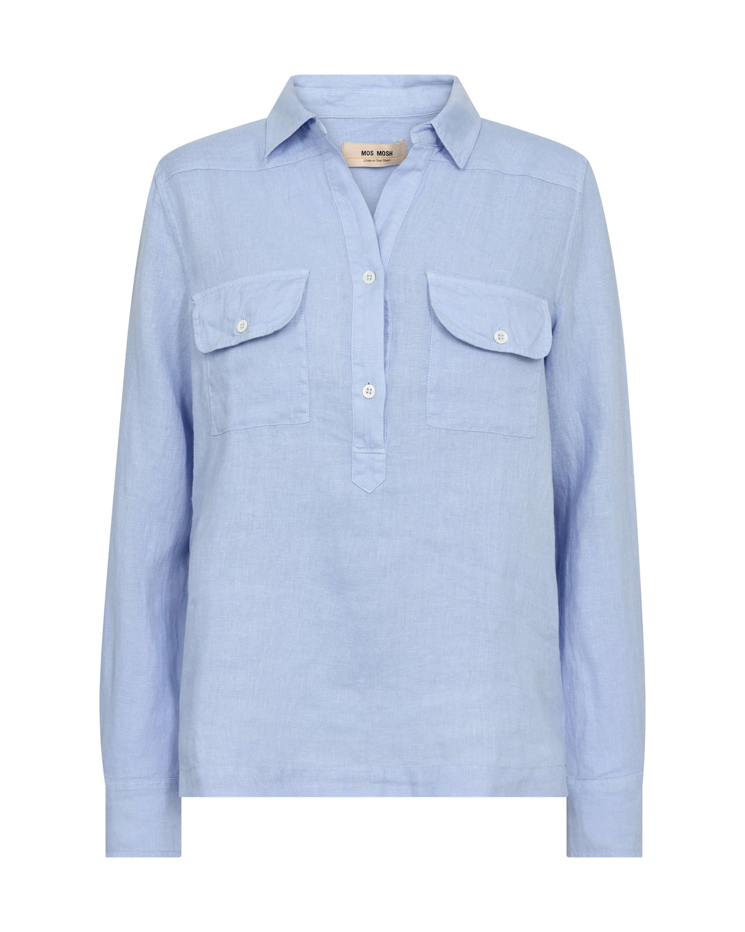 Mos Mosh  light blue long-sleeve button-up shirt with two buttoned chest flap pockets, displayed on a clean white background. Flat image