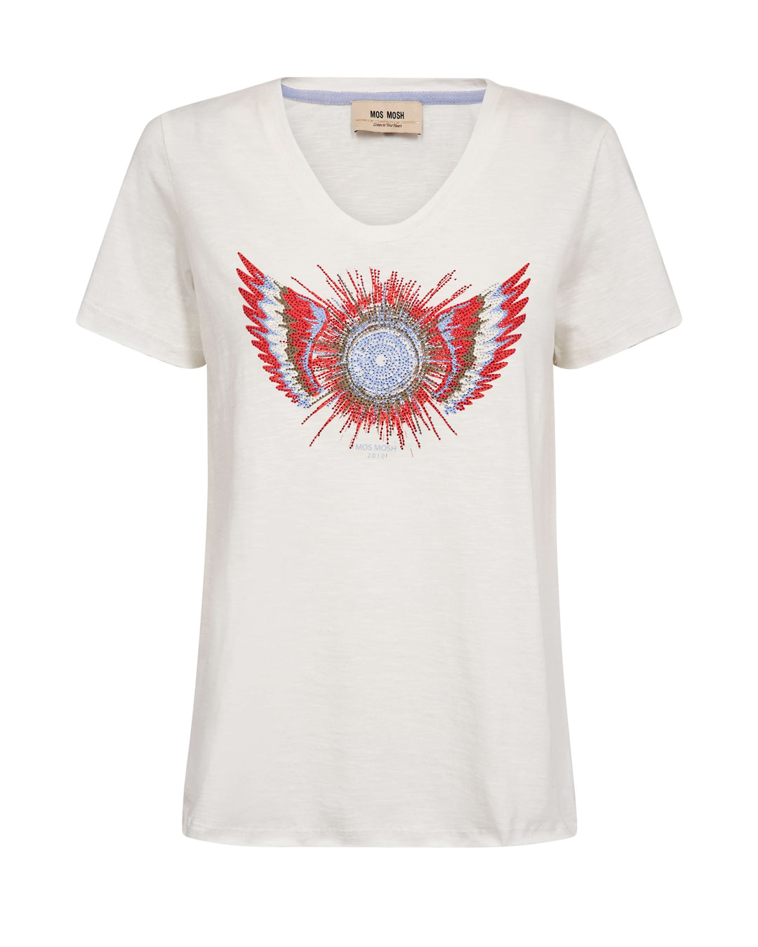 White crew-neck T-shirt with red and blue winged sunburst graphic