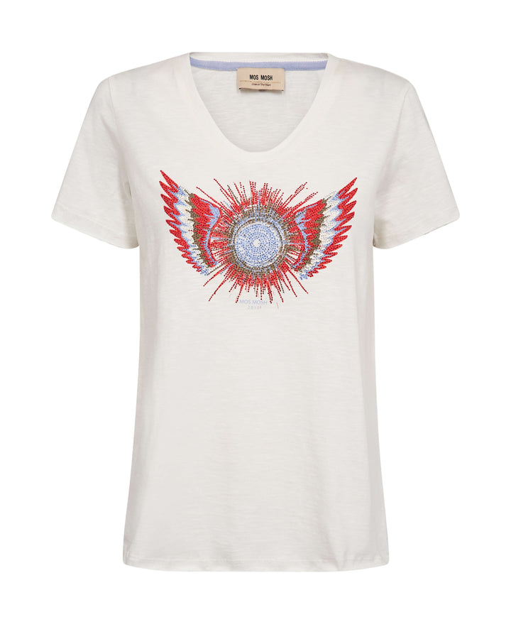 White crew-neck T-shirt with red and blue winged sunburst graphic