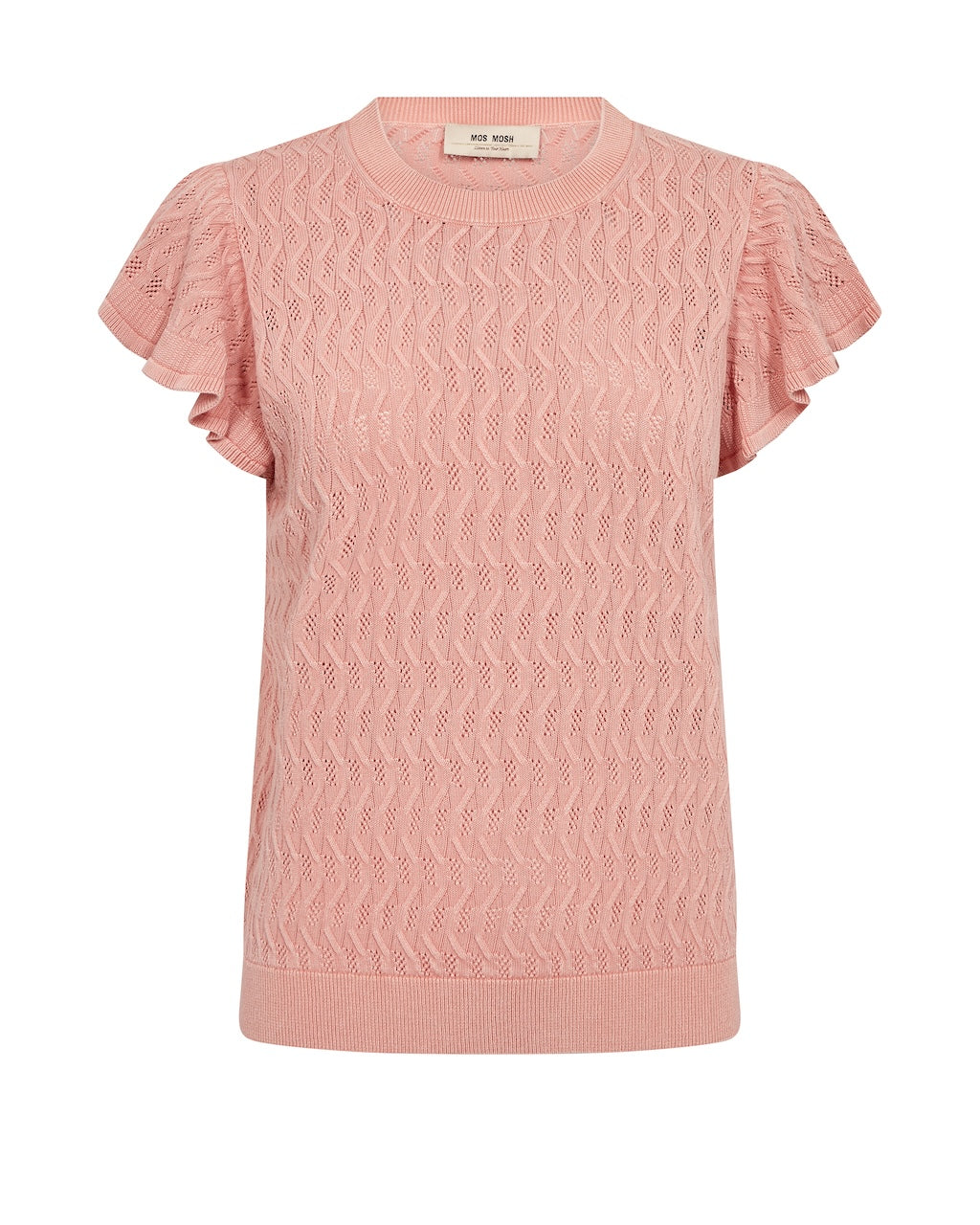 Pink patterned knit T-shirt with short flutter sleeves and crew neck